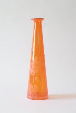 Jaguar Etched Floral Orange Studio Art Glass Vase