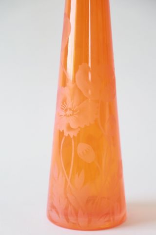 JAGUAR etched floral orange studio art glass vase 2