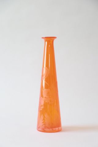JAGUAR etched floral orange studio art glass vase 3
