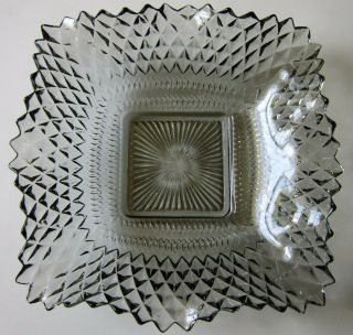 Vintage Indiana Glass Candy Dish Ruffled Diamond Point 6 3/4 " Square - Smoke