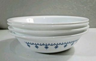 4 Vintage Corelle Livingware By Corning Dessert Bowls Blue Snowflake Design Usa