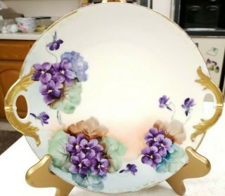 Haviland and Co Limoges France Hand Painted Plate With Gold Handles and Violets 2