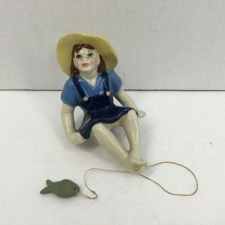 Vintage Ceramic Arts Studio Little Fishing Girl Shelf Sitter Figurine W Fish