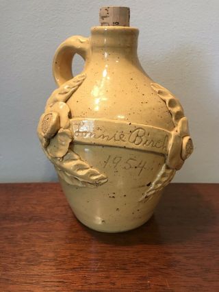 Folk Art Stoneware Pottery Jug Signed And Dated Flowers Yellow Heavy 6” Tall