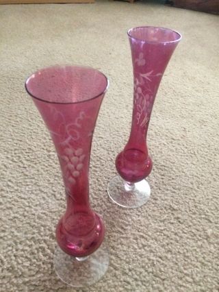 Antique Cranberry Glass Etched Vases Victorian C1880 Was From Great Grandmother