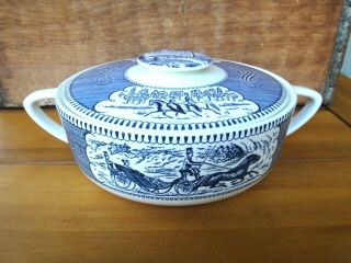 Currier & Ives Royal China Blue & White Handled Casserole & Lid