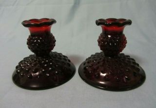 Fenton Glass Ruby Red Hobnail 3 - 3/4 " Taper Candle Sticks Holders Pair Set Of 2
