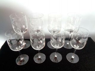 Set Of 8 Vintage Etched Crystal Glass Etched Flower Pattern Goblets