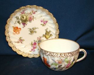 Vintage Dresden China Hand Painted Floral Cup & Saucer