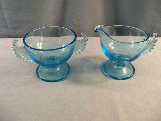 Westmoreland Blue Glass Creamer & Sugar Bowl Set W/ Wing Feather Handles