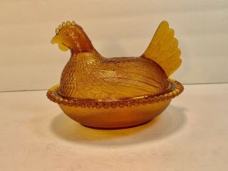 Indiana Glass Vintage Amber Hen On Nest Chicken Rooster Covered Candy Dish