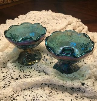 Vintage Indiana Blue Carnival Glass Candle Sticks (pair) Harvest Grape 4 X 4 1/2
