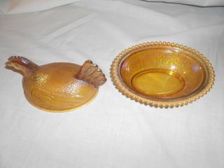 Vintage Indiana Glass Amber Carnival Hen on Nest Dish 8 