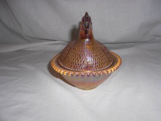 Vintage Indiana Glass Amber Carnival Hen on Nest Dish 8 