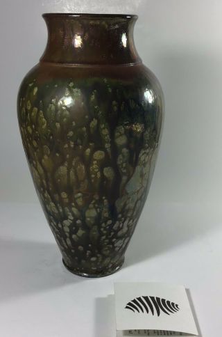 Raku Signed Pottery Vase By Jerry & Lois Gress Neal Metallic 11.  5 "