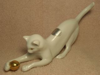 Vintage Erphila German Art Pottery Cat With Ball Germany Label Stamped Numbered