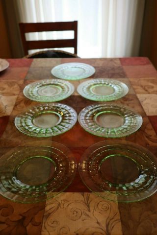 Set Of 7 Green Depression Uranium Glass 8 " Salad Plates