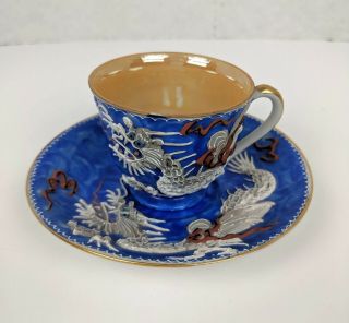 Made In Occupied Japan Hand Painted Dragon Mini Tea Cup And Saucer Set Blue Gold