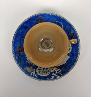 Made in Occupied Japan Hand painted Dragon Mini Tea Cup and Saucer Set Blue Gold 2