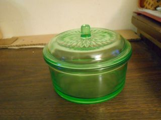 Vintage Hazel Atlas Covered Vaseline Green Depression Glass Ref Dish