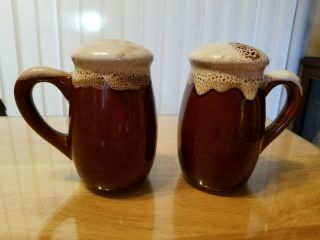 Vintage Brown Drip Pottery Salt And Pepper Shakers With Handles Stoneware