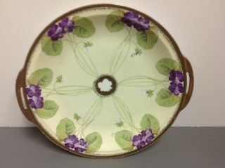 Antique Porcelain Prussia Purple Violets Handled Platter