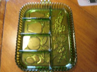 Green Depression Glass Divided Relish Tray Fruit Pattern