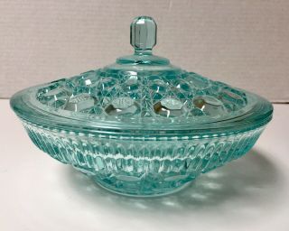 Vintage Pale Blue - Green Cut Glass Covered Candy Dish 7 - 1/2 " Diameter
