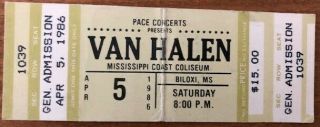 Van Halen Concert Ticket Stub April 5,  1986,  Biloxi,  Mississippi Rare Item