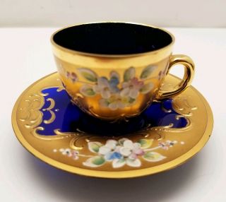 Vintage Czech Bohemian Cobalt Blue Gold Crystal Glass Demitasse Cup & Saucer
