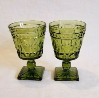 Set Of 2 Vintage Indiana Colony Park Lane Avocado Green Water Goblets 5 1/2 "