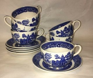 Homer Laughlin U.  S.  A.  Blue Willow 6 Cups And 5 Saucers