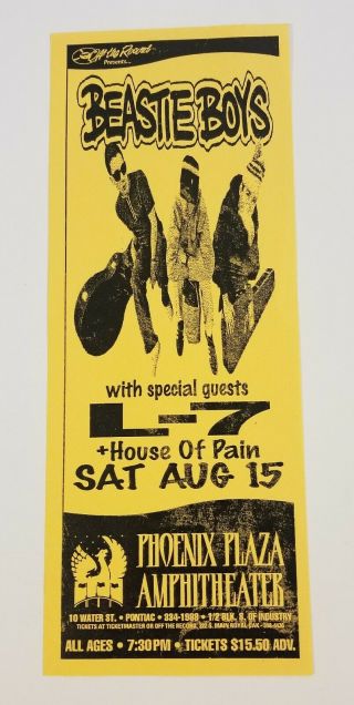 Beastie Boys/l7/house Of Pain - Phoenix Plaza - Pontiac - 8/15/1992 - Rare 4.  25×11 Flyer