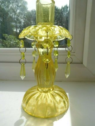 Vintage Yellow/green Glass Candle Luster With 5 Drops Very Pretty 8 Inches High