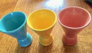 3 Vintage Homer Laughlin Harlequin Double Egg Cups In Rose,  Yellow,  & Turquoise