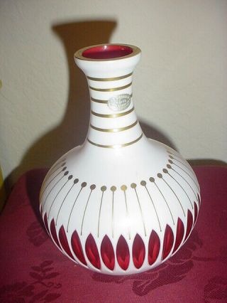 Bohemian Czech White Overlay Cut To Red Cranberry Cased Glass Vase