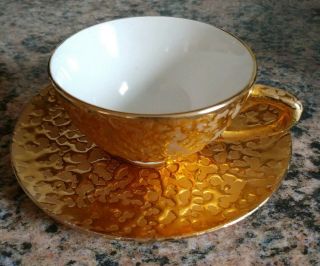 Weeping Bright Gold 22karat Gold Hand - Painted Cup & Saucer Usa Signed Rare