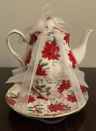 Grace’s Tea Ware Cup,  Saucer & Mini Teapot Christmas Poinsettia Pattern