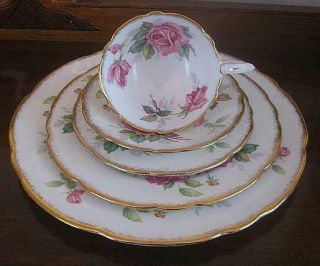 Royal Stafford Berkeley Rose 5 Pc.  Place Setting Wide Teacup,  Saucer,  Plates