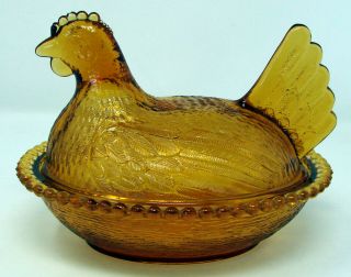 Vintage Amber Indiana Glass Hen On Nest Chicken Candy Dish Lid Golden Yellow