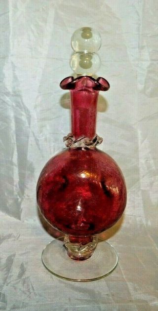 Pinched Crackle Glass Decanter With Stopper - Cranberry