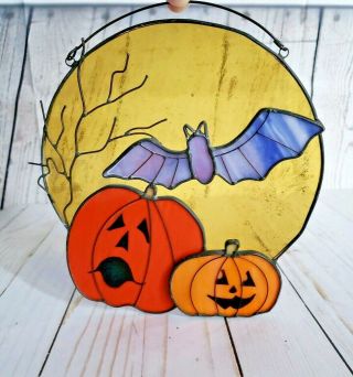 Halloween Stained Glass Pumpkins And Bat 9 Inch