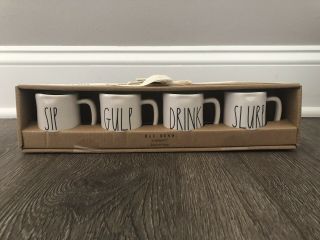 Rae Dunn Set Of 4 Espresso Mini Mugs.  Sip.  Gulp.  Drink.  Slurp.  Perfect For Cocoa