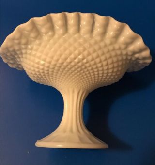 Vintage Fenton White Milk Glass Banana Bowl Stand Footed Hobnail Crimped Edge