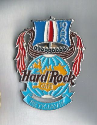 Hard Rock Cafe Pin: Reykjavik 10th Anniversary Viking Ship Atop World