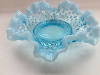 Vintage Fenton Blue Glass Opalescent Hobnail 6 " W Ruffled Bowl/dish