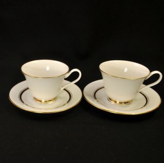 Lenox Oxford Bone China 2 Footed Cups & Saucers 1963 - 1987 Andover White W/gold