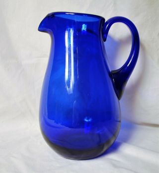 Large 72oz.  Cobalt Blue Hand Blown Glass Water Tea Pitcher W/ Applied Handle