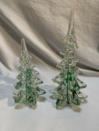 Vintage Art Glass Set Of 2 Christmas Trees Clear With Green 6” & 8 ½”