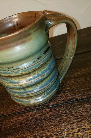 Hand Thrown Pottery Art Mug Drip Glaze Green Blue Brown Silky Smooth Texture